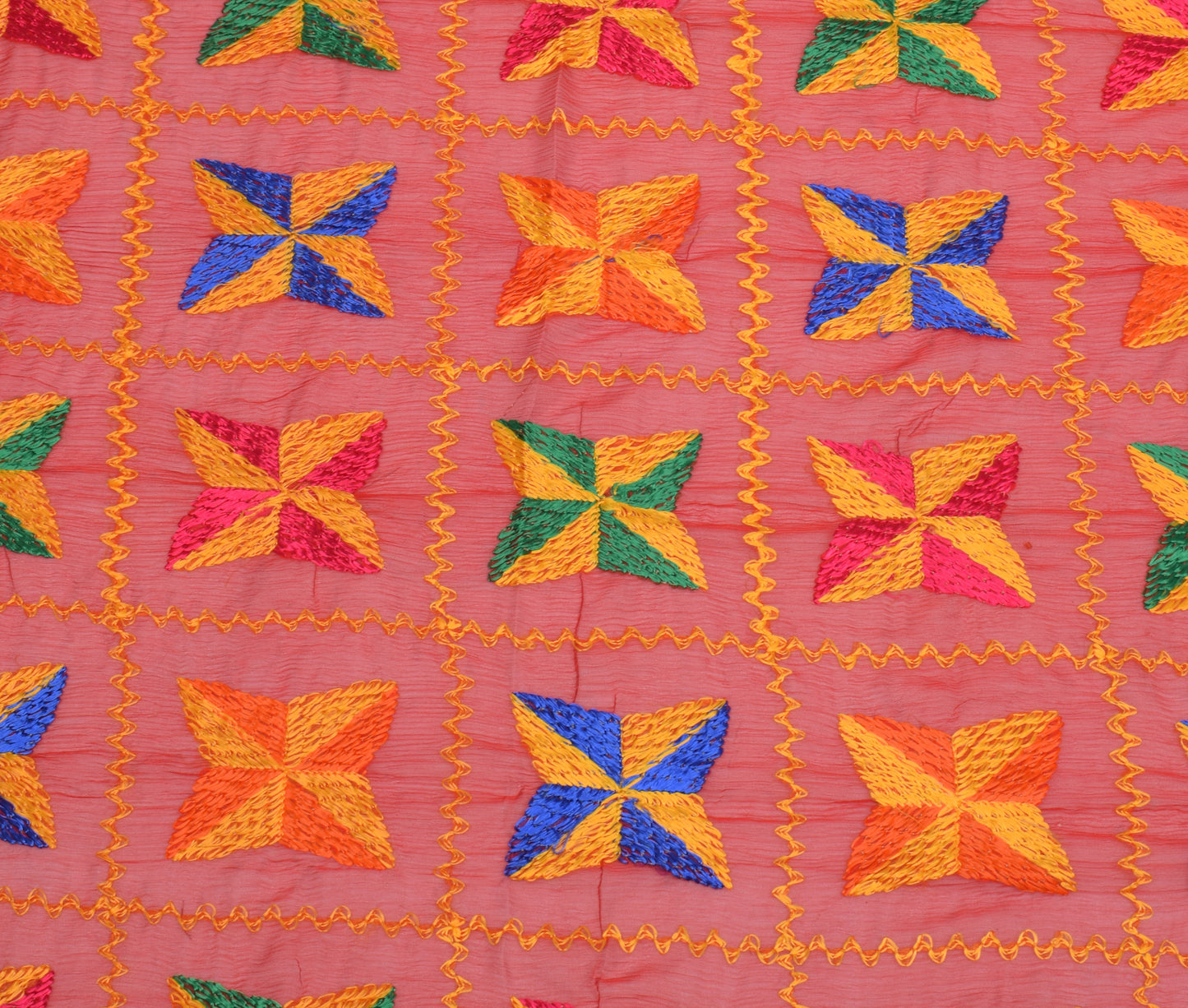 Sushila Vintage Red Dupatta Blend Chiffon Silk Phulkari Embroidered Long Stole