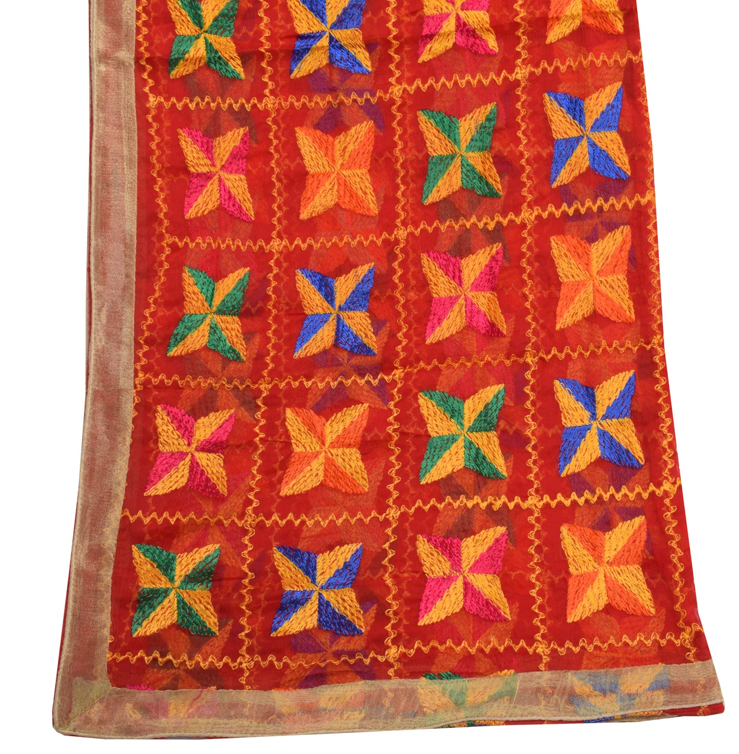 Sushila Vintage Red Dupatta Blend Chiffon Silk Phulkari Embroidered Long Stole