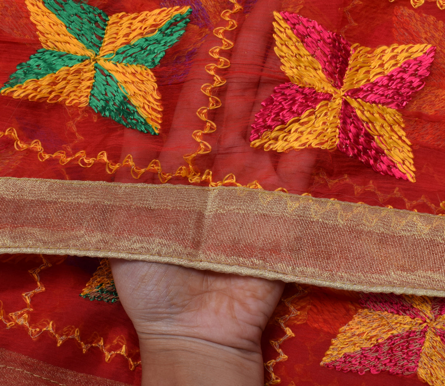 Sushila Vintage Red Dupatta Blend Chiffon Silk Phulkari Embroidered Long Stole