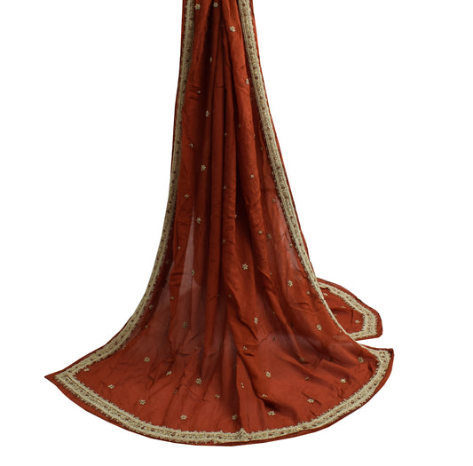 Sushila Vintage Rust Dupatta Pure Chiffon Silk Hand Beaded Long Stole Scarves