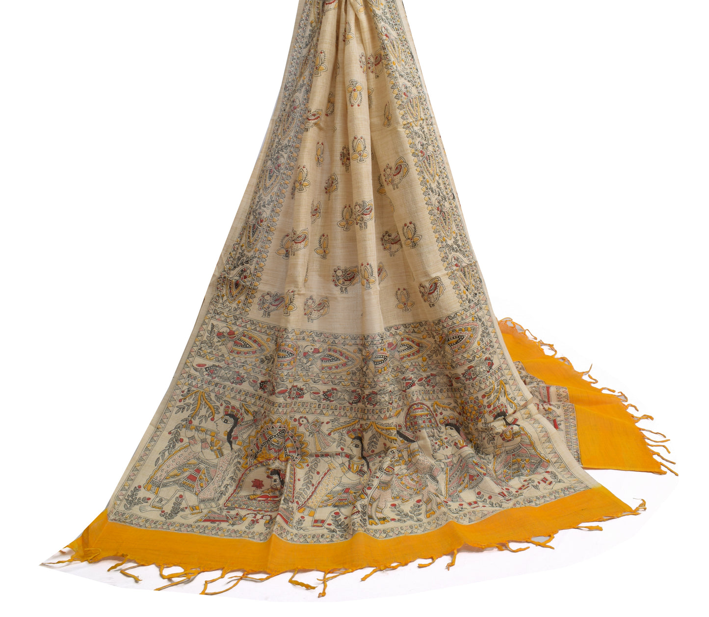 Sushila Vintage Cream Dupatta Pure Cotton Printed Bhagalpuri Long Stole Hijab