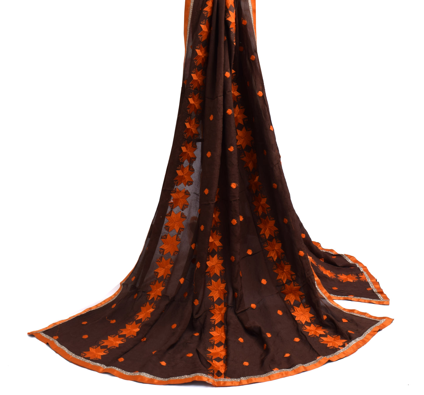 Sushila Vintage Indian Brown Dupatta Pure Chiffon Silk Embroidered Long Stole