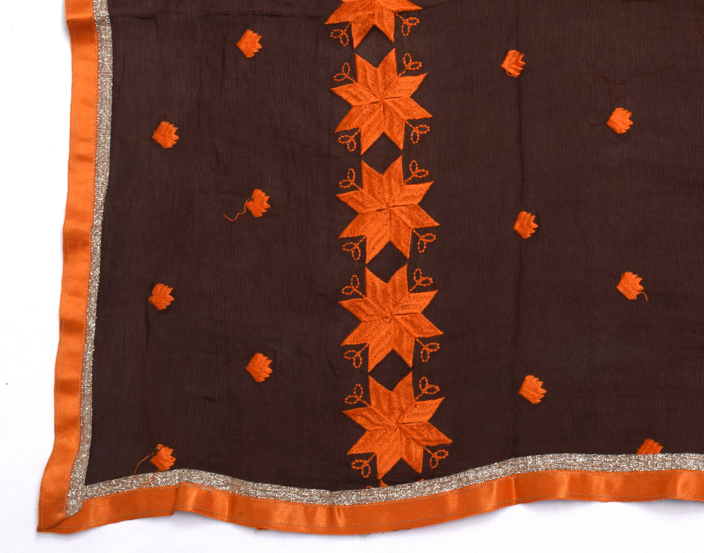 Sushila Vintage Indian Brown Dupatta Pure Chiffon Silk Embroidered Long Stole