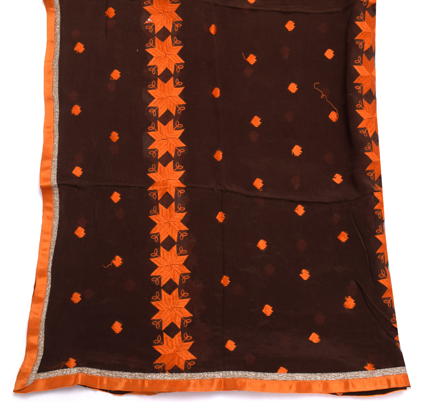 Sushila Vintage Indian Brown Dupatta Pure Chiffon Silk Embroidered Long Stole