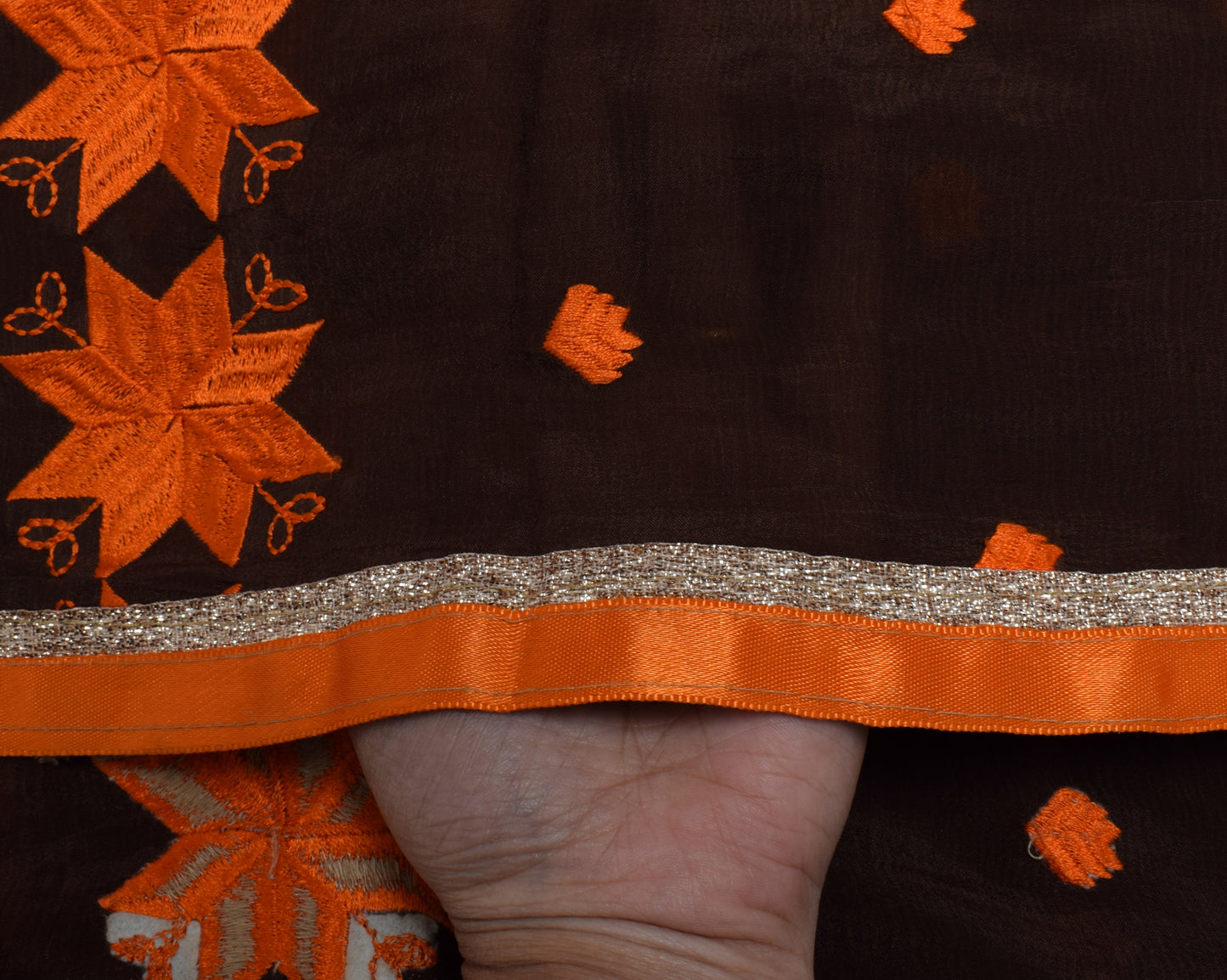 Sushila Vintage Indian Brown Dupatta Pure Chiffon Silk Embroidered Long Stole