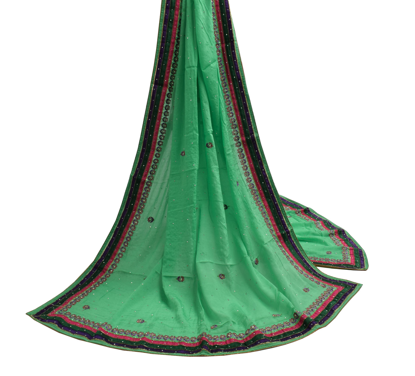 Sushila Vintage Pista Green Dupatta Pure Chiffon Silk Embroidered Long Stole