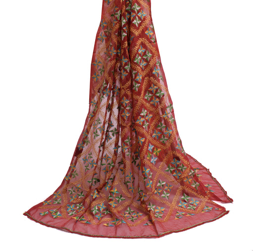 Sushila Vintage Maroon Dupatta Blend Chiffon Phulkari Embroidered Long Stole