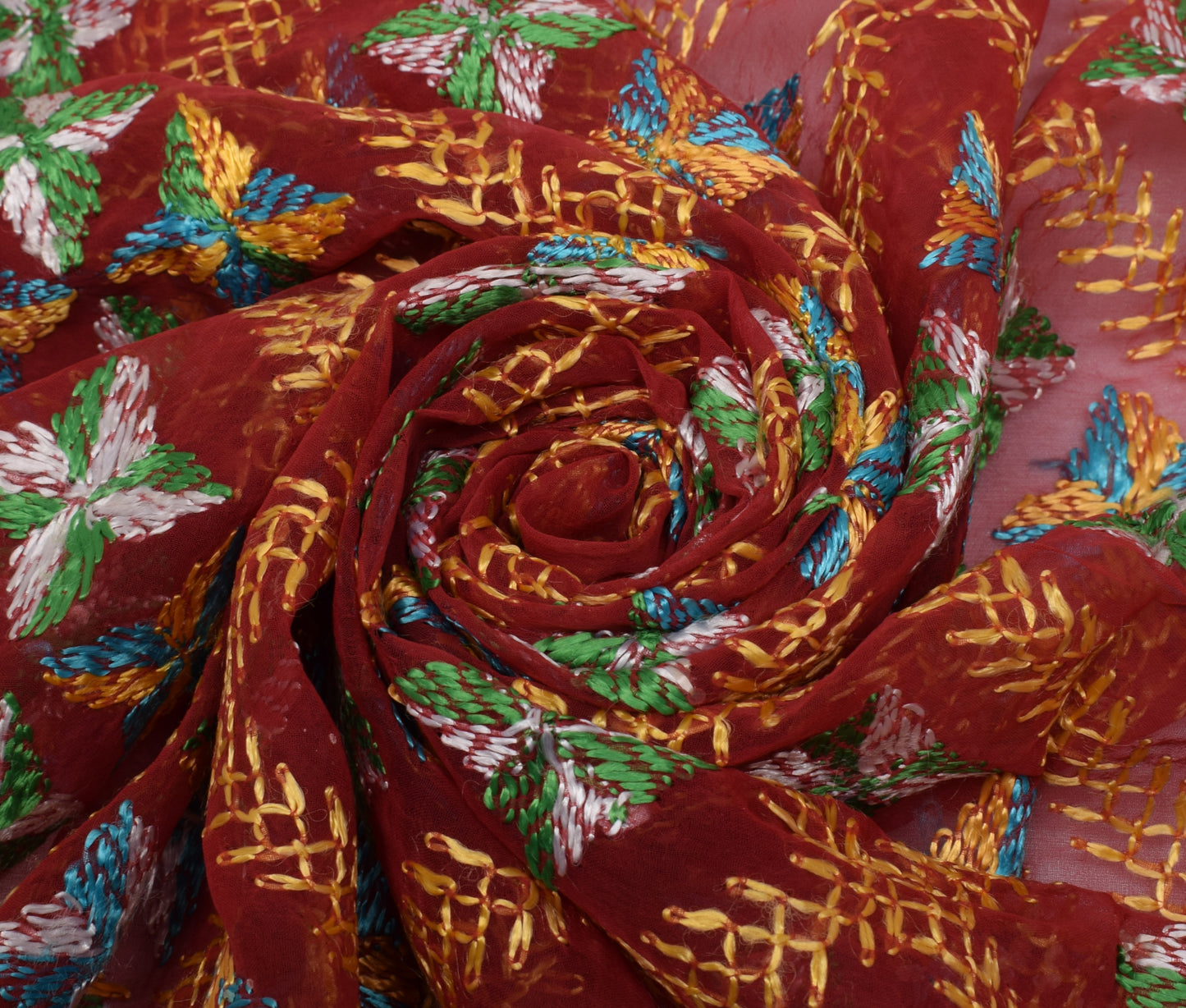 Sushila Vintage Maroon Dupatta Blend Chiffon Phulkari Embroidered Long Stole