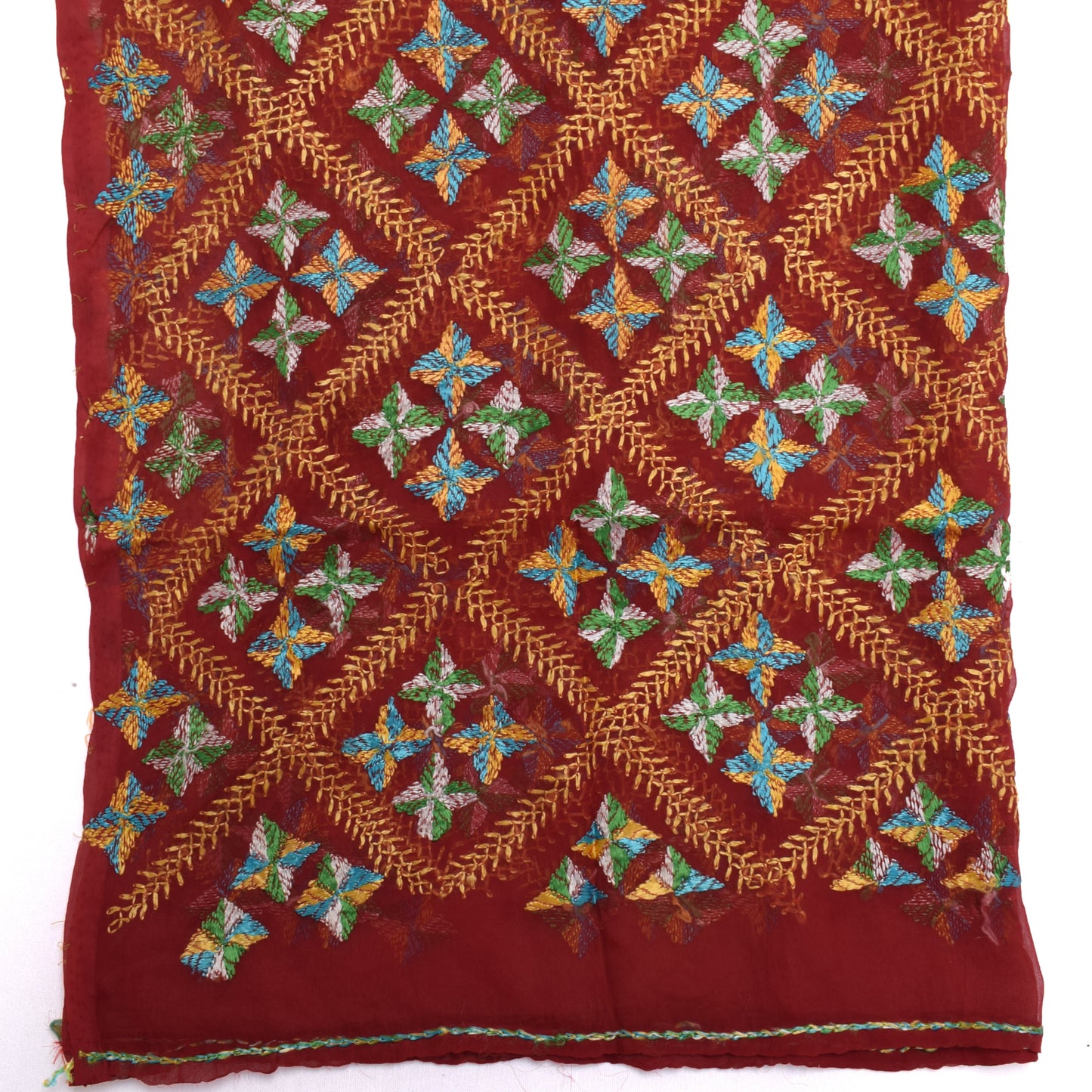 Sushila Vintage Maroon Dupatta Blend Chiffon Phulkari Embroidered Long Stole