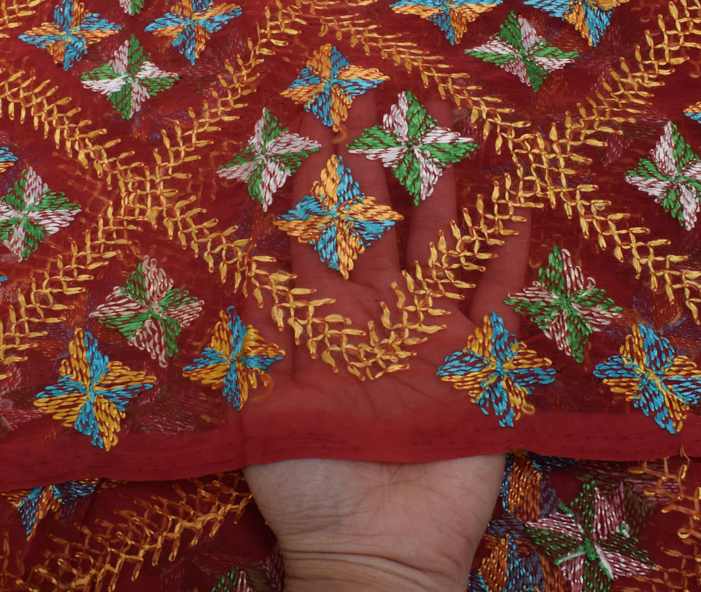 Sushila Vintage Maroon Dupatta Blend Chiffon Phulkari Embroidered Long Stole