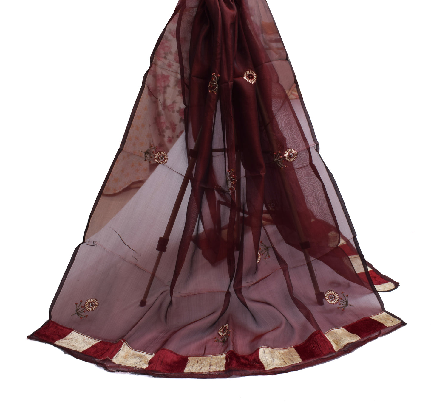 Sushila Vintage Maroon Dupatta 100% Pure Silk Hand Beaded Long Stole Scarves