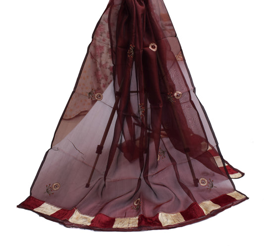 Sushila Vintage Maroon Dupatta 100% Pure Silk Hand Beaded Long Stole Scarves
