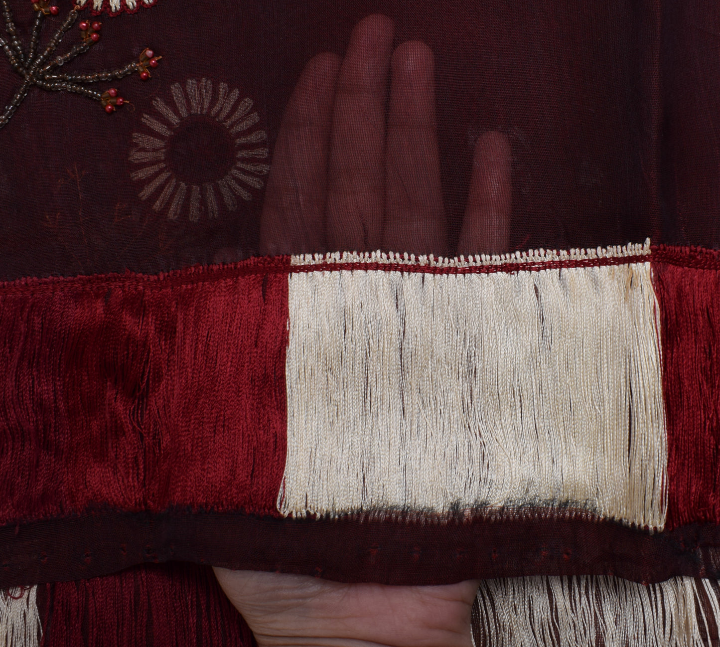 Sushila Vintage Maroon Dupatta 100% Pure Silk Hand Beaded Long Stole Scarves