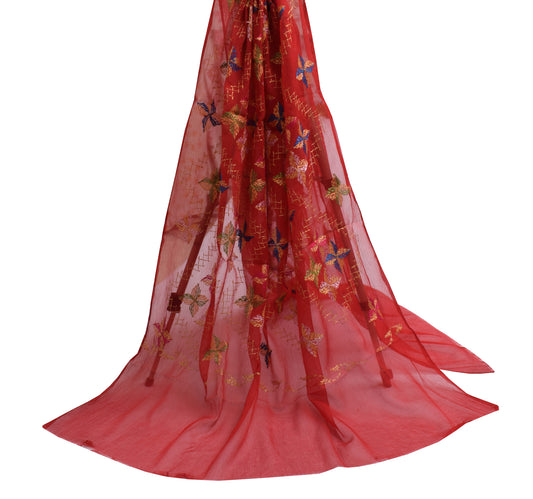 Sushila Vintage Red Dupatta Blend Chiffon Silk Embroidered Long Stole Veil Wrap