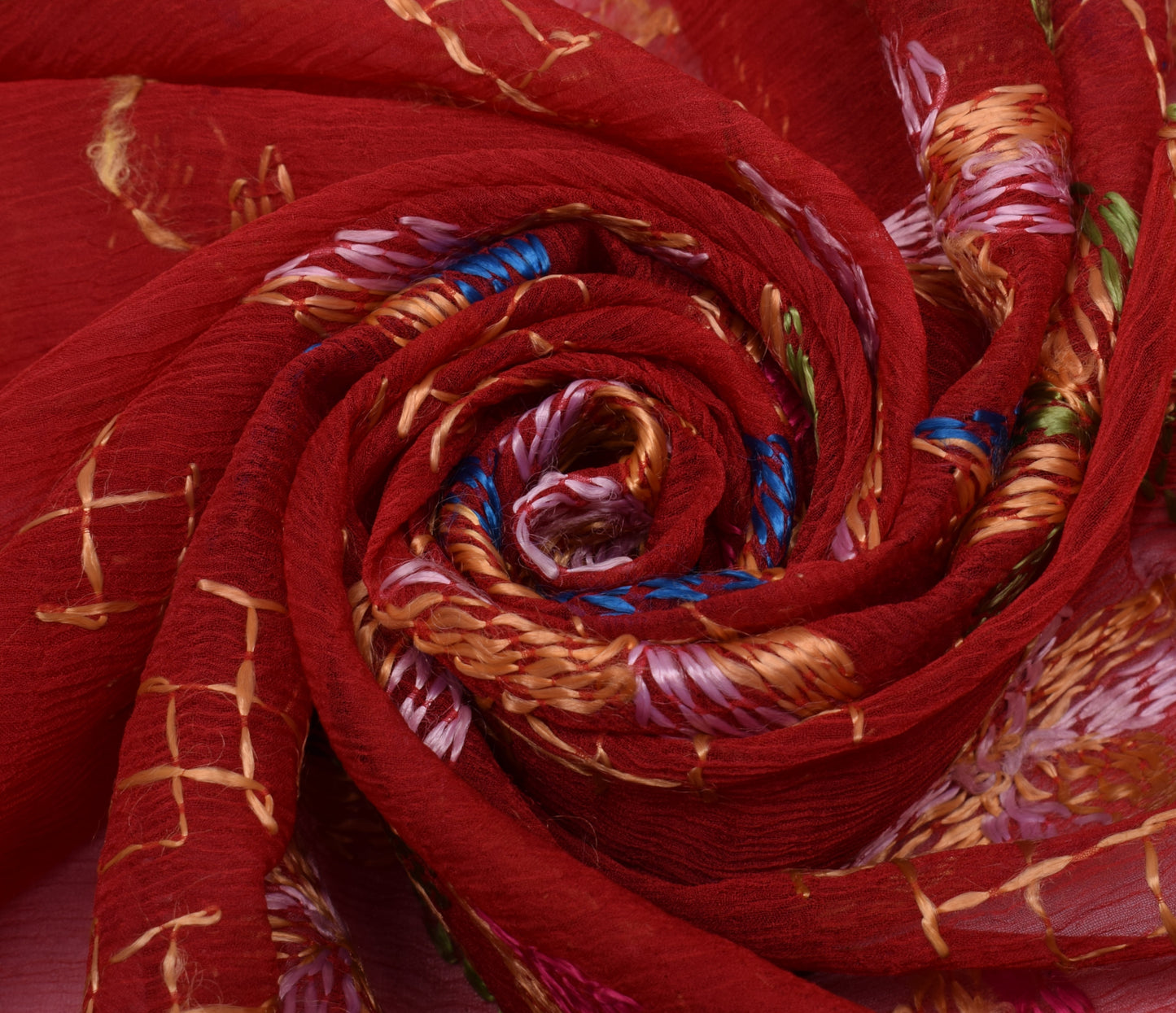 Sushila Vintage Red Dupatta Blend Chiffon Silk Embroidered Long Stole Veil Wrap