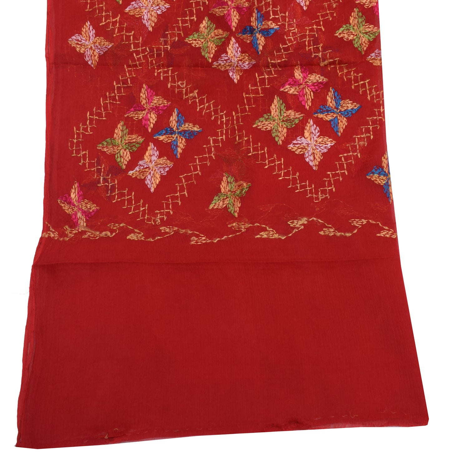 Sushila Vintage Red Dupatta Blend Chiffon Silk Embroidered Long Stole Veil Wrap
