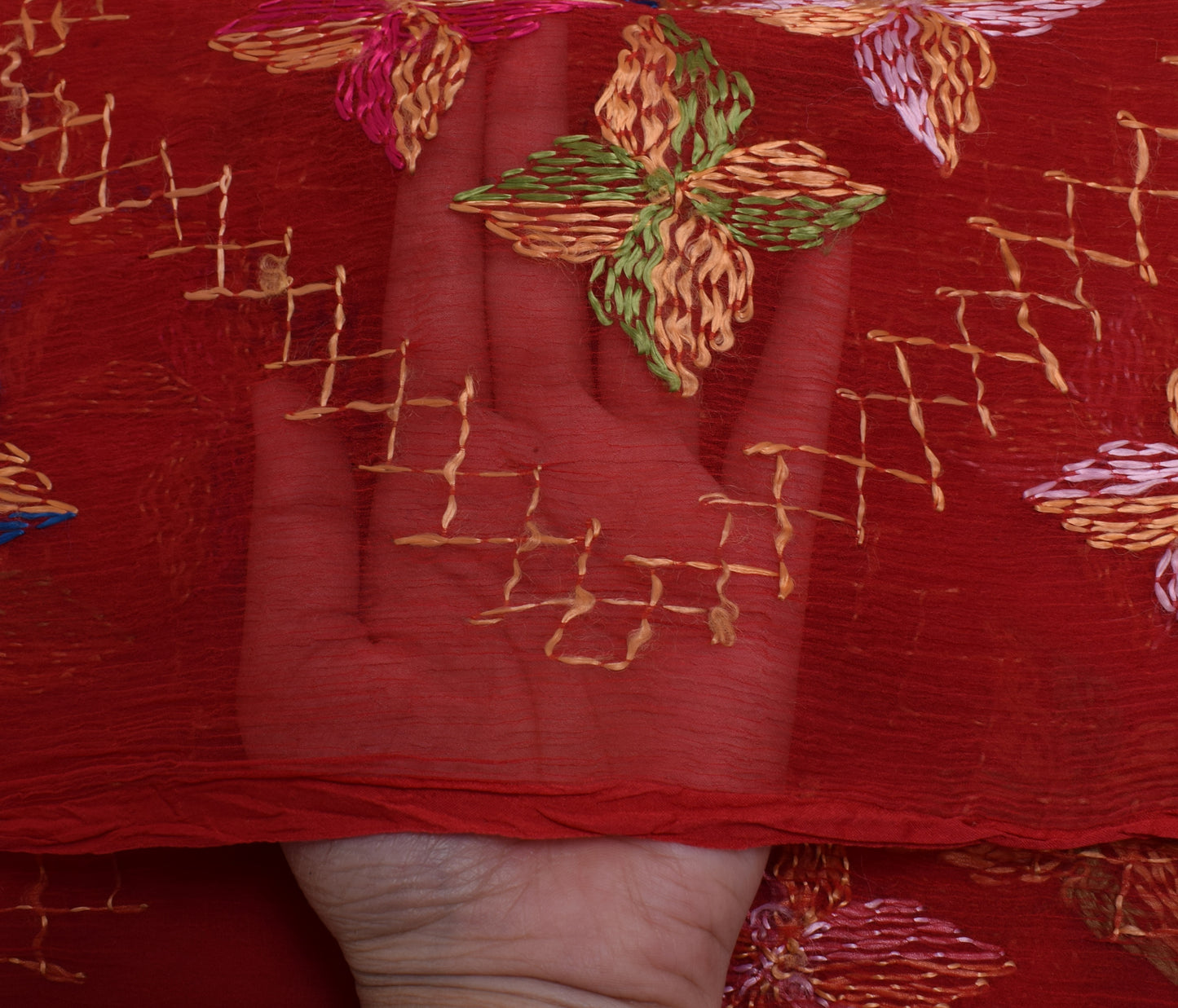 Sushila Vintage Red Dupatta Blend Chiffon Silk Embroidered Long Stole Veil Wrap