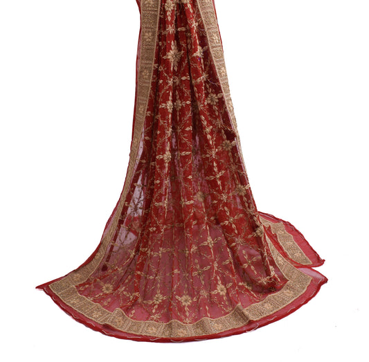 Sushila Vintage Red Indian Dupatta 100% Pure Chiffon Hand Beaded Long Stole Veil