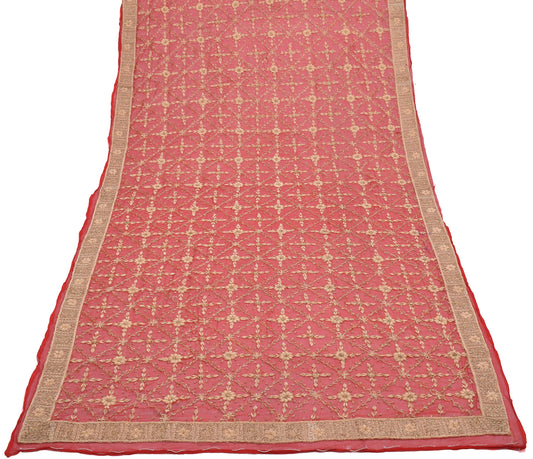 Sushila Vintage Red Indian Dupatta 100% Pure Chiffon Hand Beaded Long Stole Veil