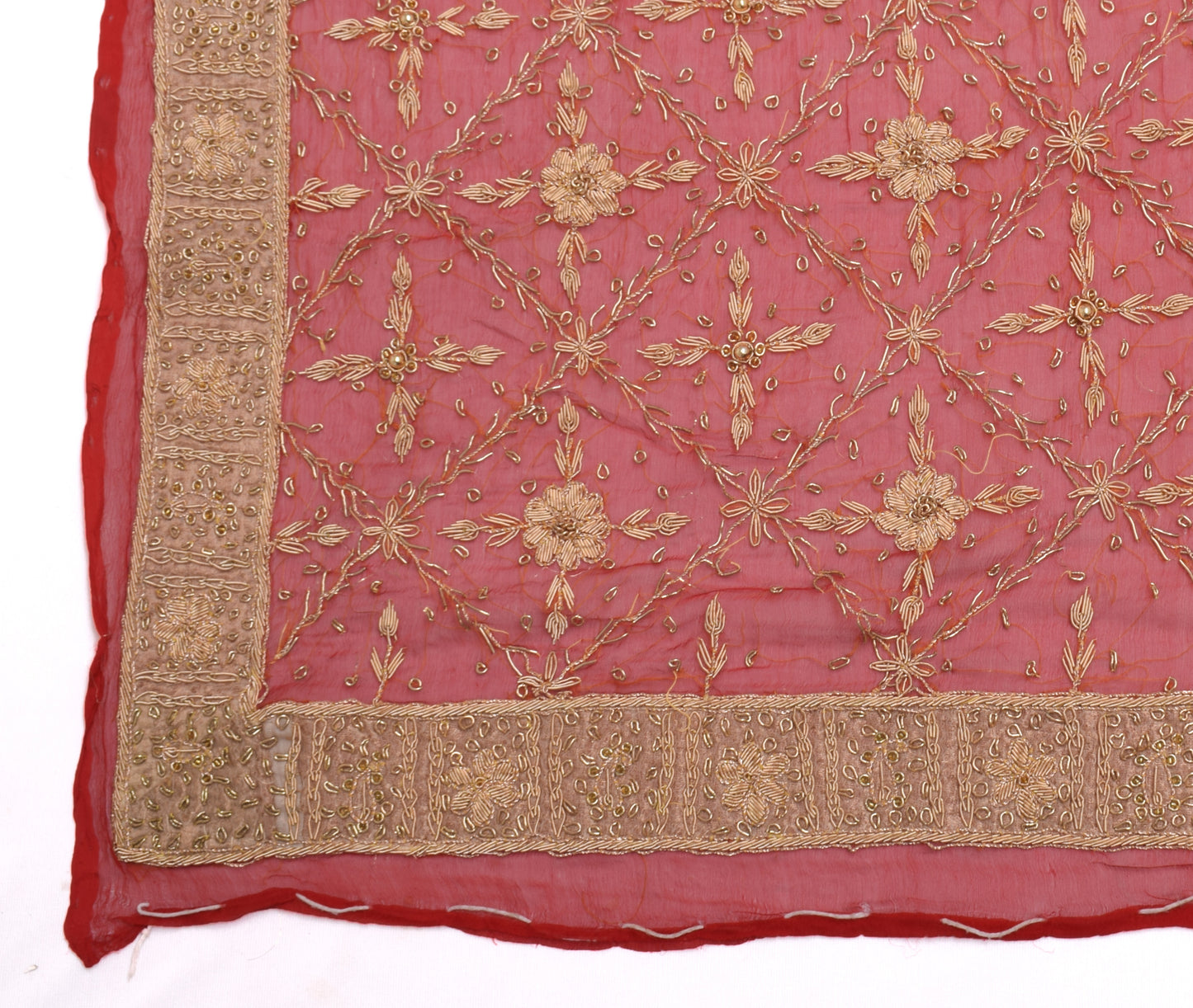 Sushila Vintage Red Indian Dupatta 100% Pure Chiffon Hand Beaded Long Stole Veil
