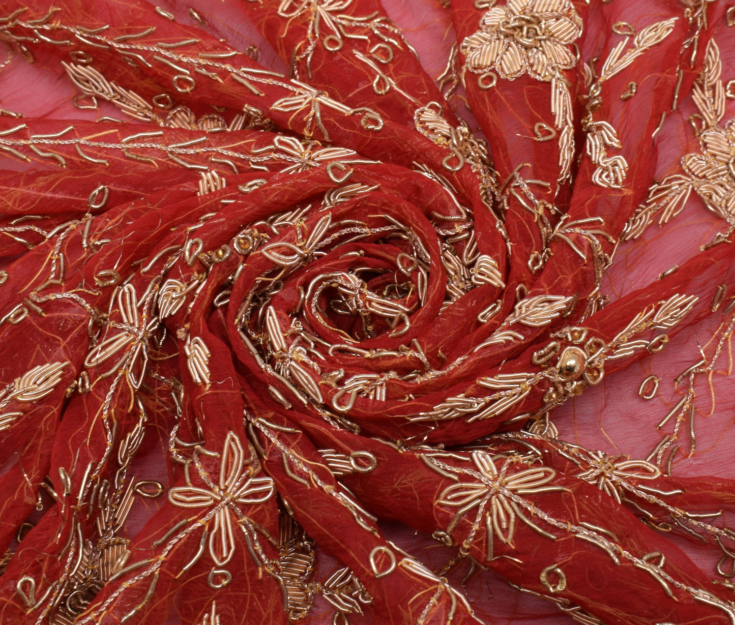 Sushila Vintage Red Indian Dupatta 100% Pure Chiffon Hand Beaded Long Stole Veil