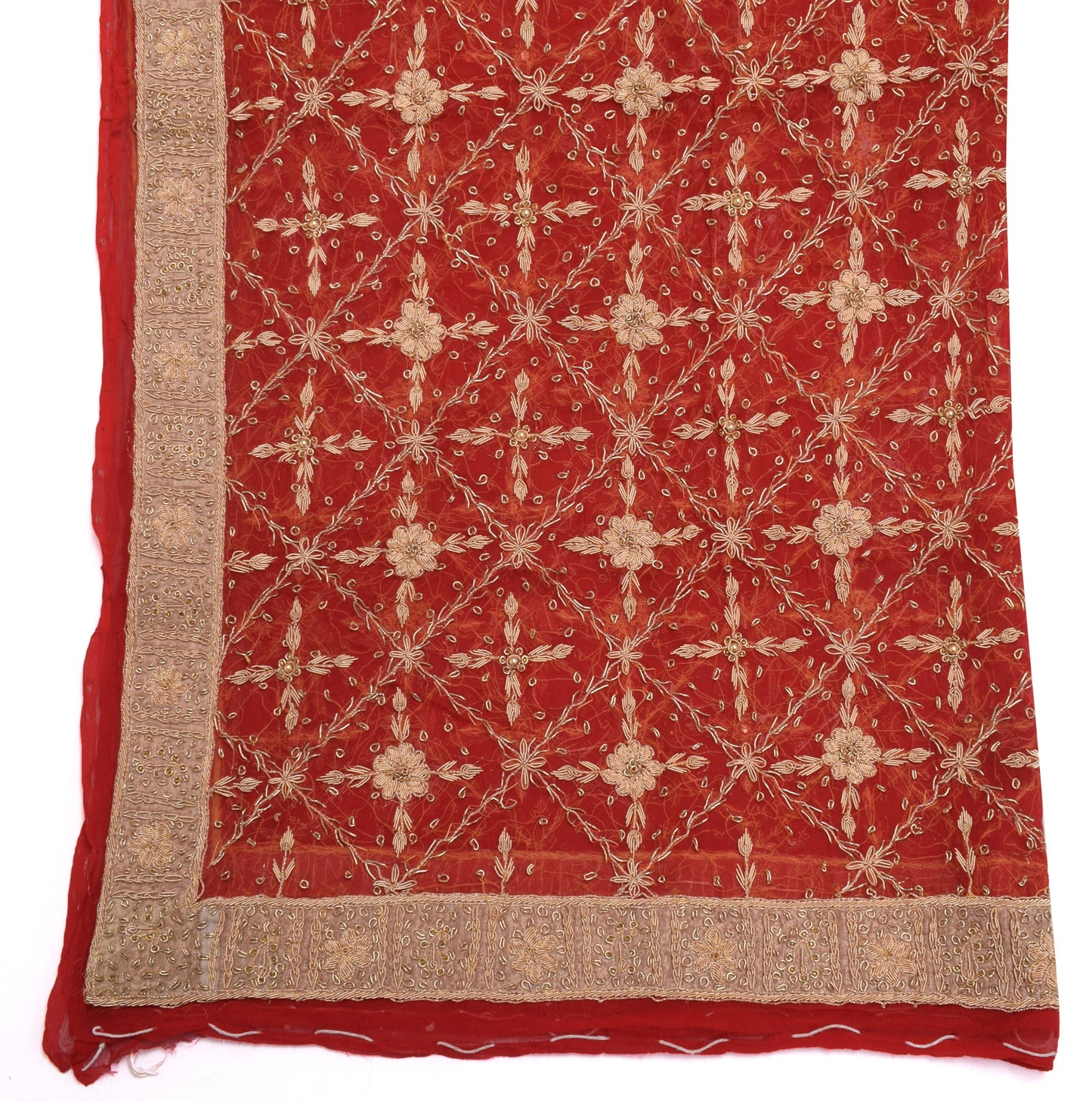 Sushila Vintage Red Indian Dupatta 100% Pure Chiffon Hand Beaded Long Stole Veil