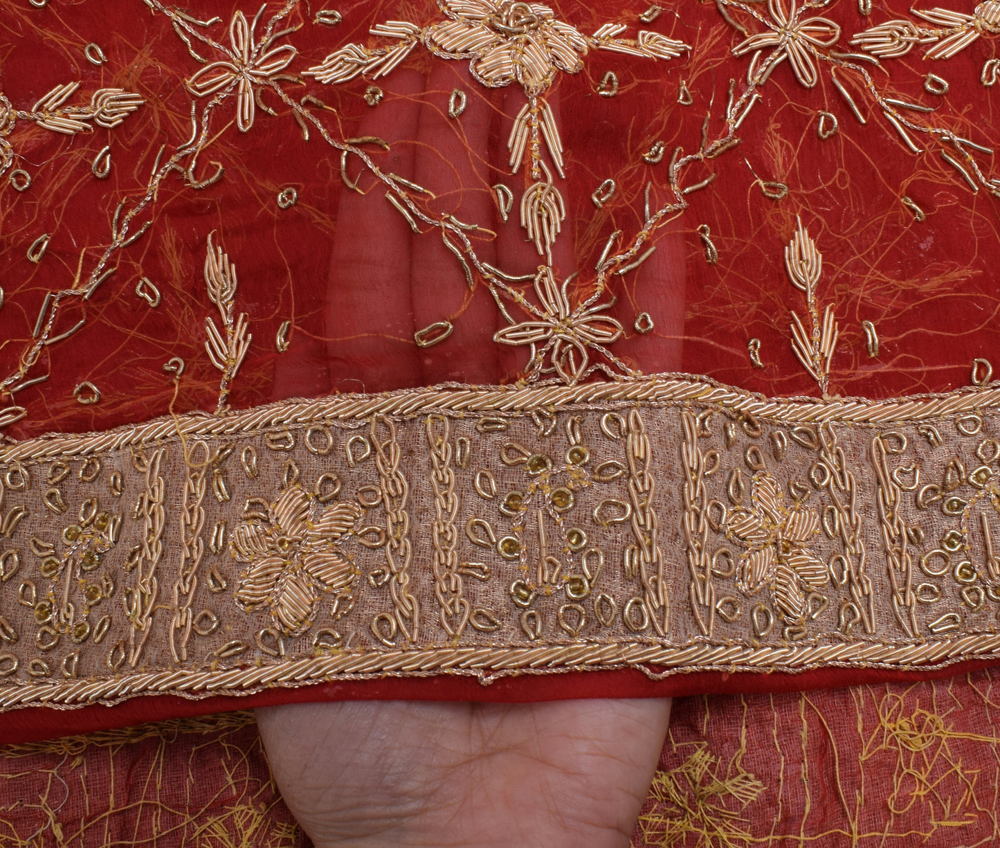 Sushila Vintage Red Indian Dupatta 100% Pure Chiffon Hand Beaded Long Stole Veil