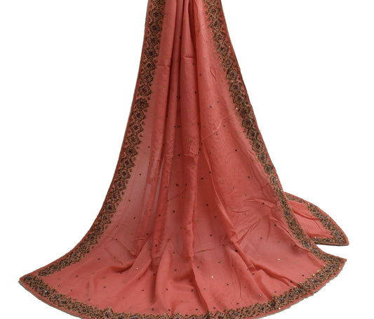 Sushila Vintage Peach Dupatta Pure Chiffon Hand Beaded Long Stole Veil Scarves