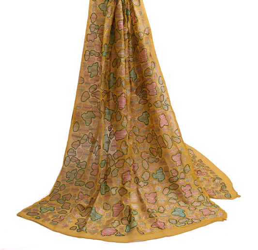 Sushila Vintage Yellow Dupatta Pure Chiffon Silk Embroidered Long Stole Scarves