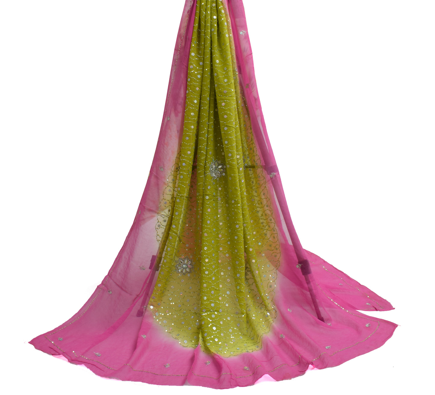 Sushila Vintage Green Dupatta Pure Georgette Silk Beaded Long Stole Veil Scarves
