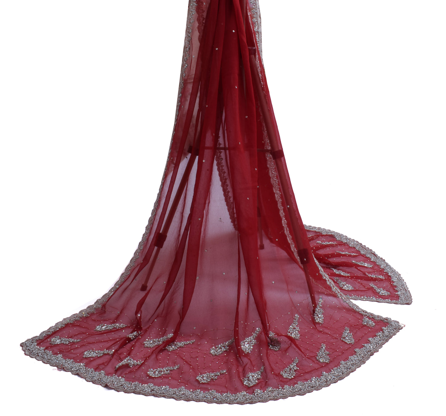 Sushila Vintage Red Dupatta Blend Georgette Silk Hand Beaded Long Stole Veil