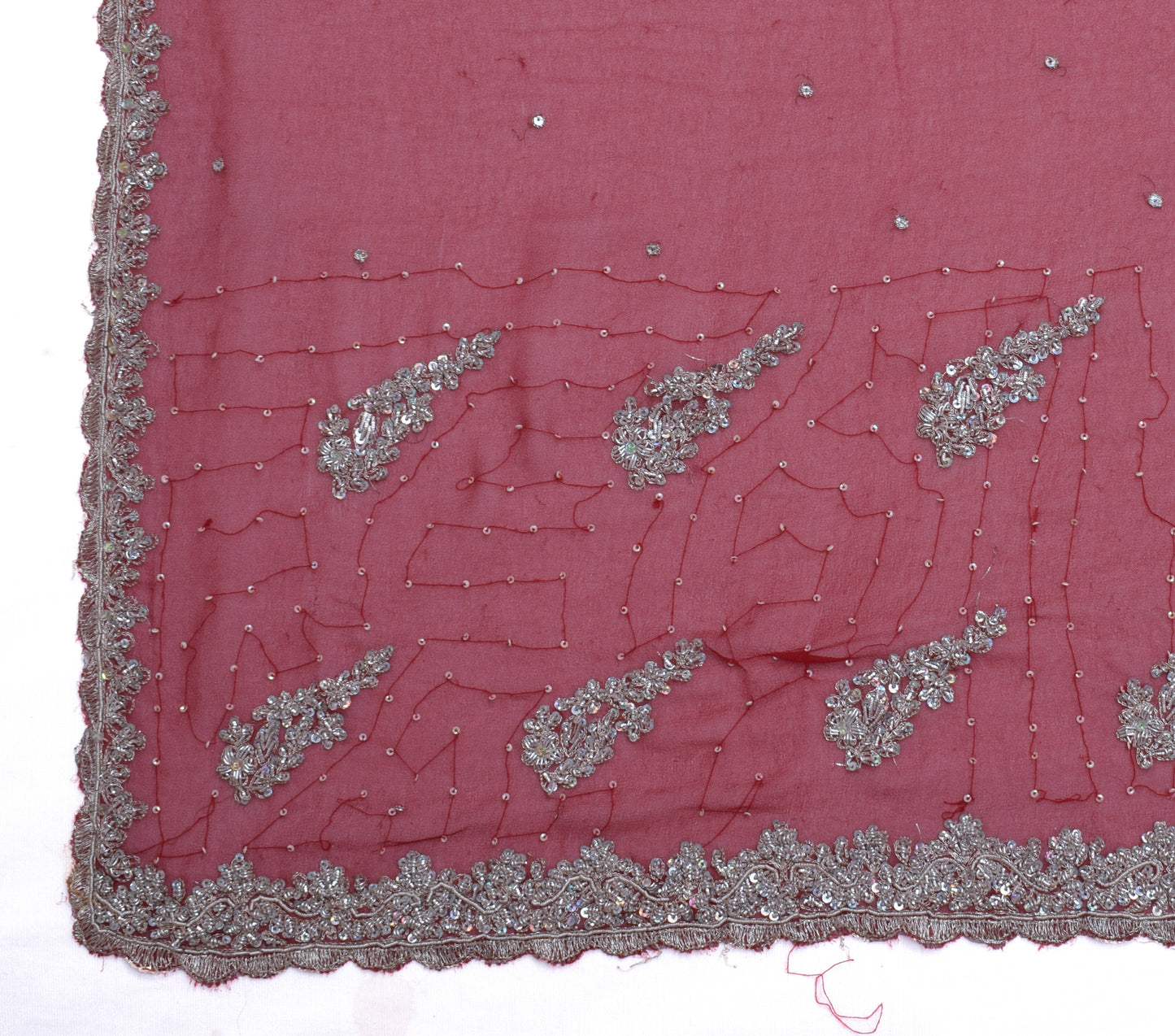 Sushila Vintage Red Dupatta Blend Georgette Silk Hand Beaded Long Stole Veil