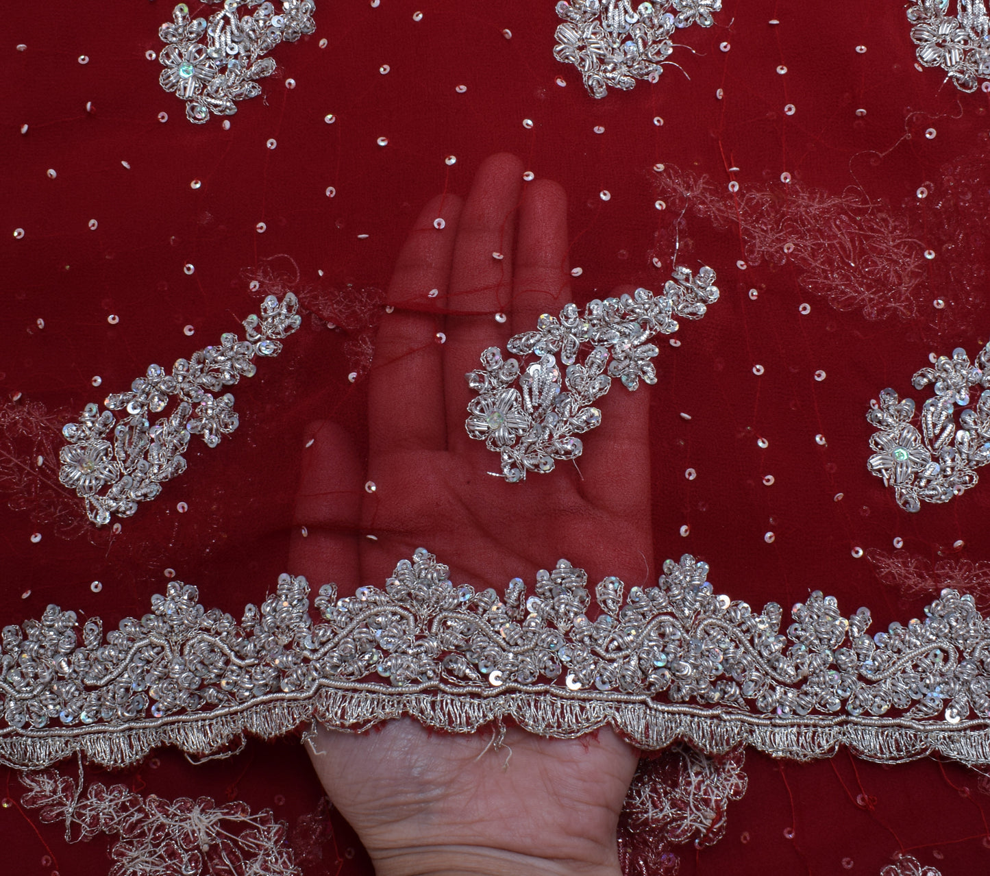 Sushila Vintage Red Dupatta Blend Georgette Silk Hand Beaded Long Stole Veil
