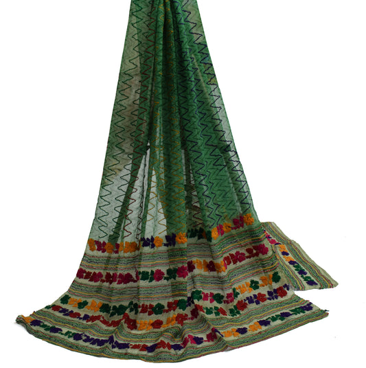 Sushila Vintage Green Dupatta Pure Chiffon Silk Hand Embroidered Long Stole Veil