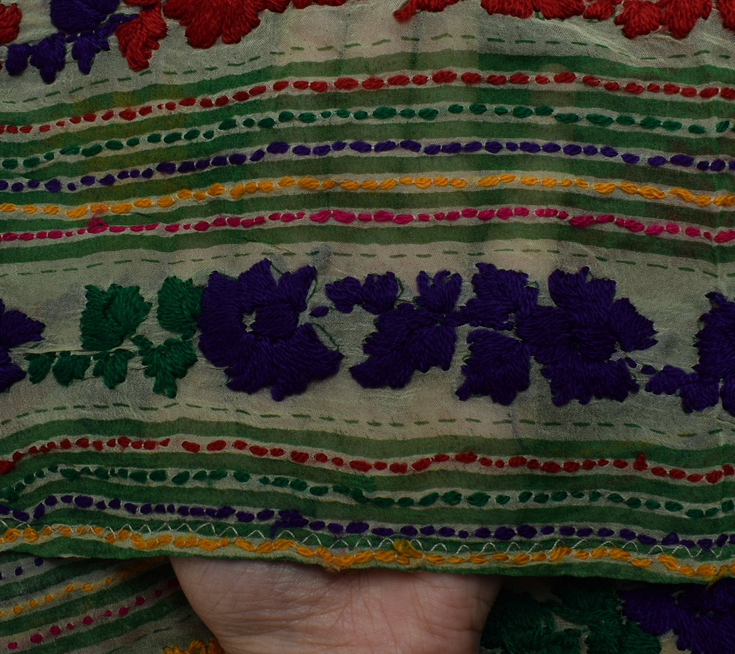 Sushila Vintage Green Dupatta Pure Chiffon Silk Hand Embroidered Long Stole Veil