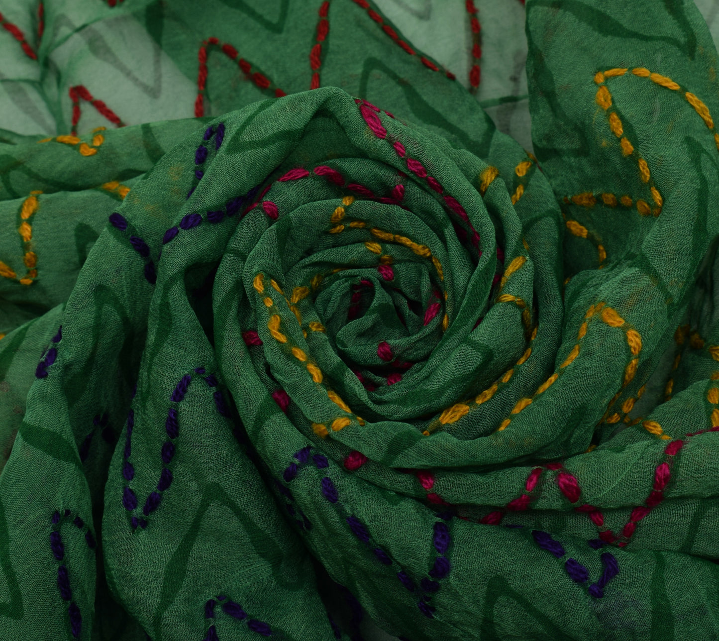 Sushila Vintage Green Dupatta Pure Chiffon Silk Hand Embroidered Long Stole Veil