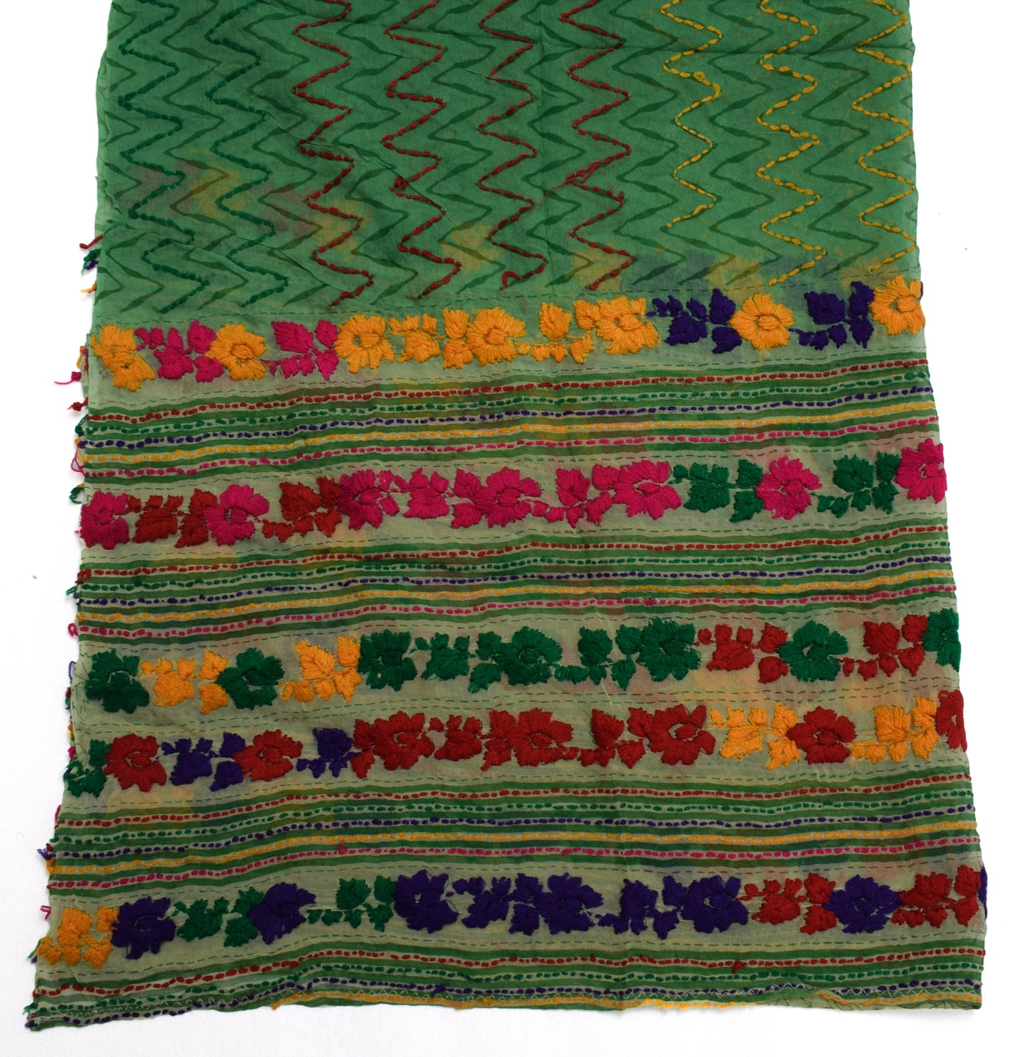 Sushila Vintage Green Dupatta Pure Chiffon Silk Hand Embroidered Long Stole Veil