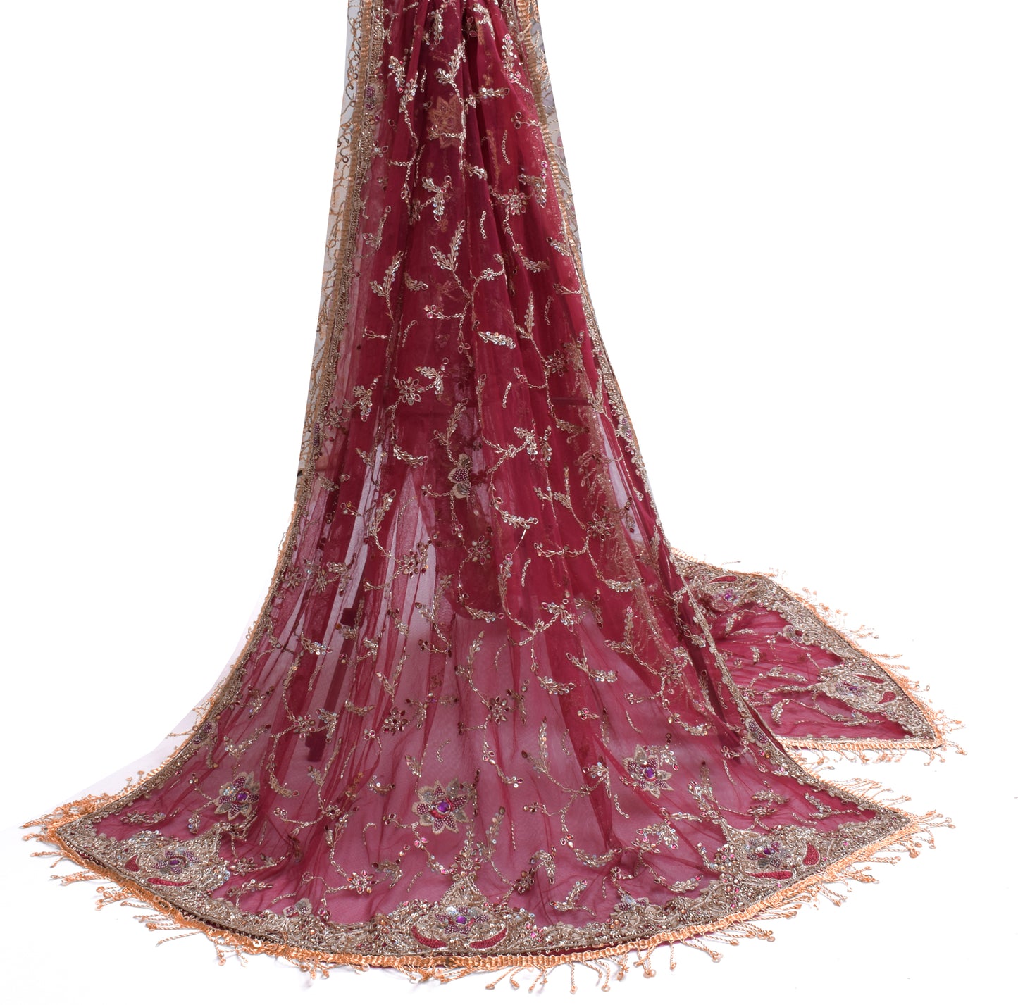 Sushila Vintage Pink HEAVY Dupatta Net Mesh Hand Beaded Long Stole Veil Scarves