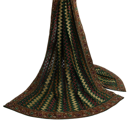 Sushila Vintage Green Dupatta Pure Georgette Silk Hand Beaded Long Stole Veil