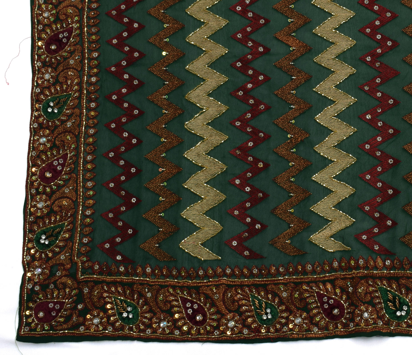 Sushila Vintage Green Dupatta Pure Georgette Silk Hand Beaded Long Stole Veil