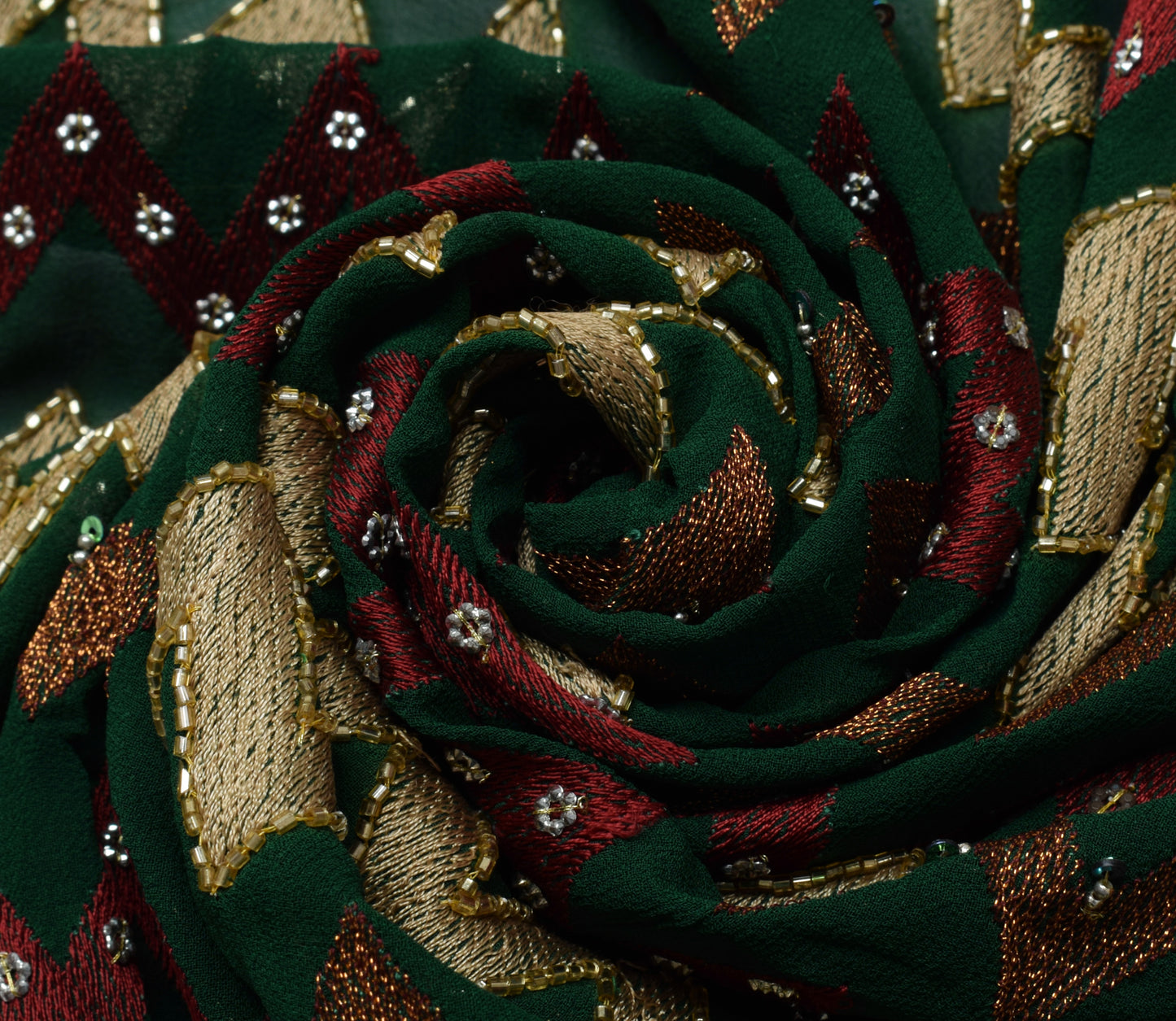 Sushila Vintage Green Dupatta Pure Georgette Silk Hand Beaded Long Stole Veil