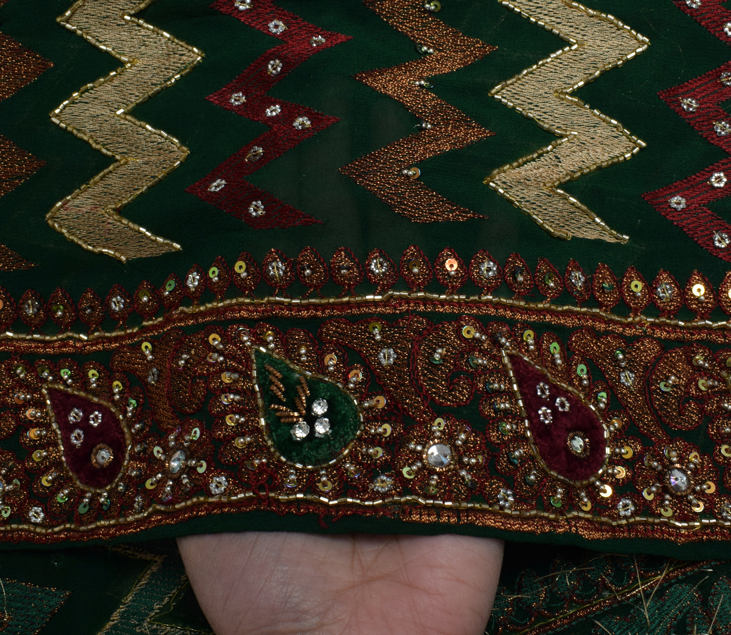 Sushila Vintage Green Dupatta Pure Georgette Silk Hand Beaded Long Stole Veil