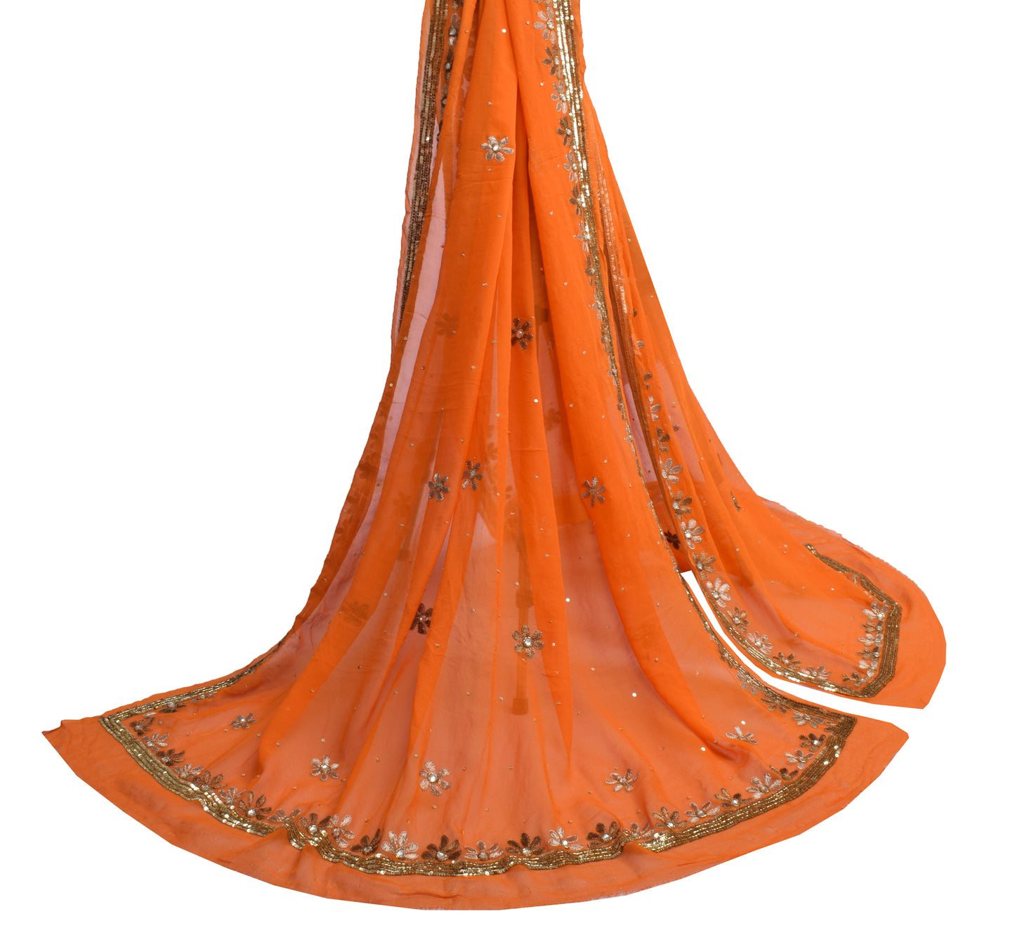 Sushila Vintage Orange Dupatta Pure Georgette Silk Embroidered Long Stole Veil