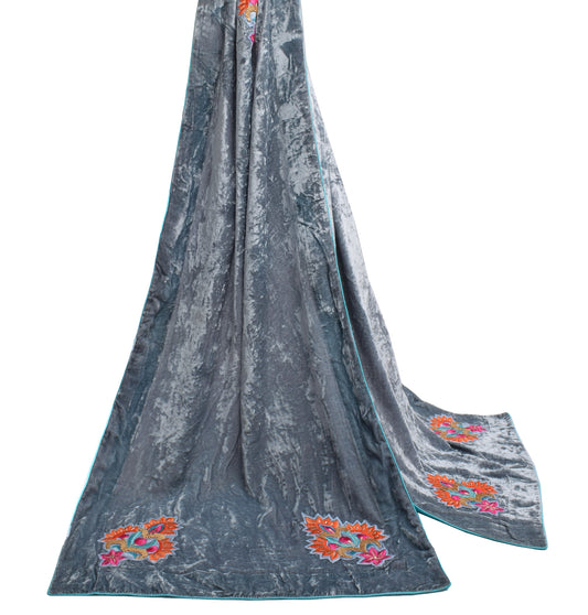 Sushila Vintage Gray Dupatta Pure Velvet Applique Work Long Stole Scarves Wrap