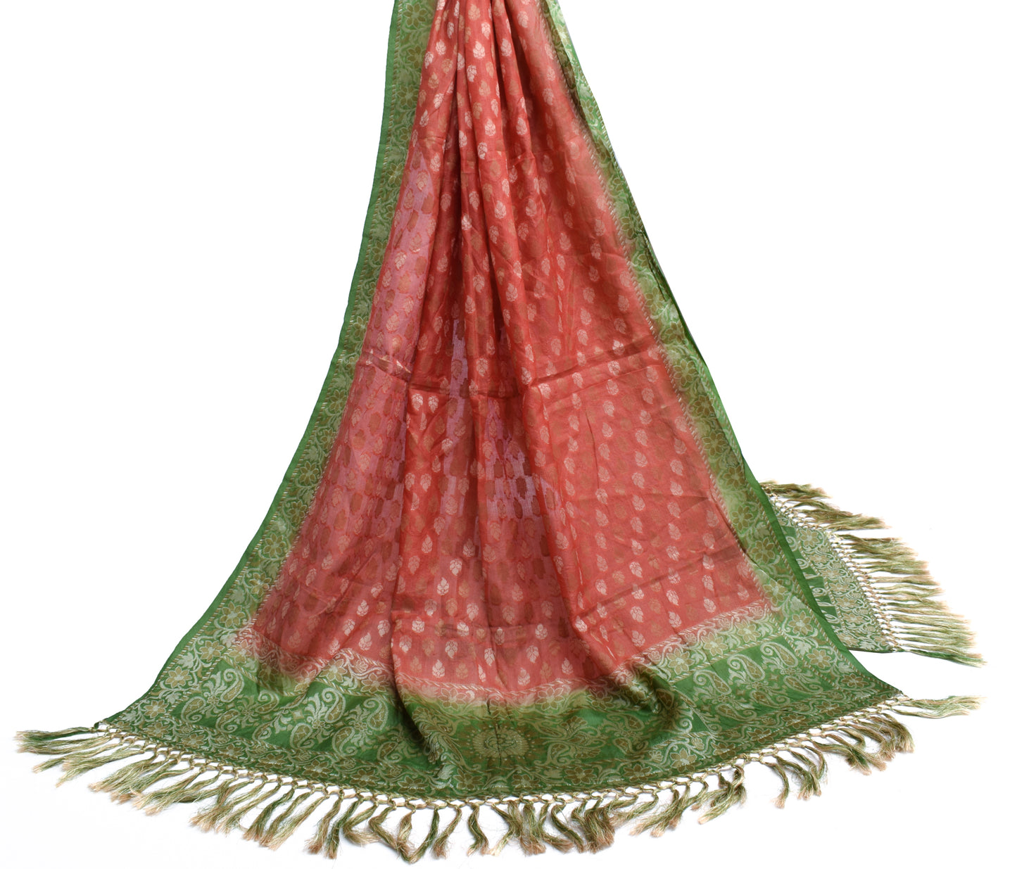 Sushila Vintage Red Dupatta 100% Pure Silk All Over Woven Floral Long Stole