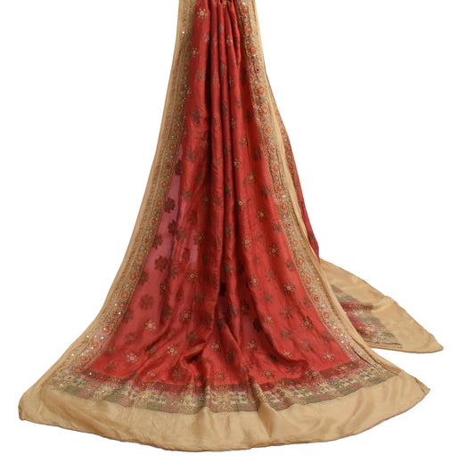 Sushila Vintage Red Dupatta 100% Pure Silk Hand Beaded Long Stole Veil Hijab