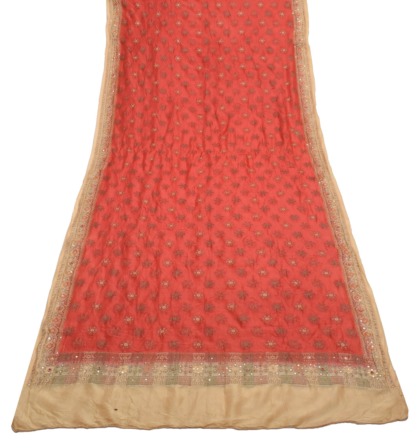 Sushila Vintage Red Dupatta 100% Pure Silk Hand Beaded Long Stole Veil Hijab