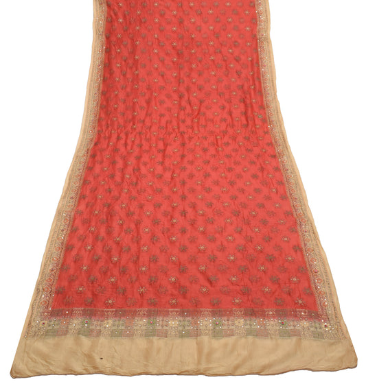 Sushila Vintage Red Dupatta 100% Pure Silk Hand Beaded Long Stole Veil Hijab