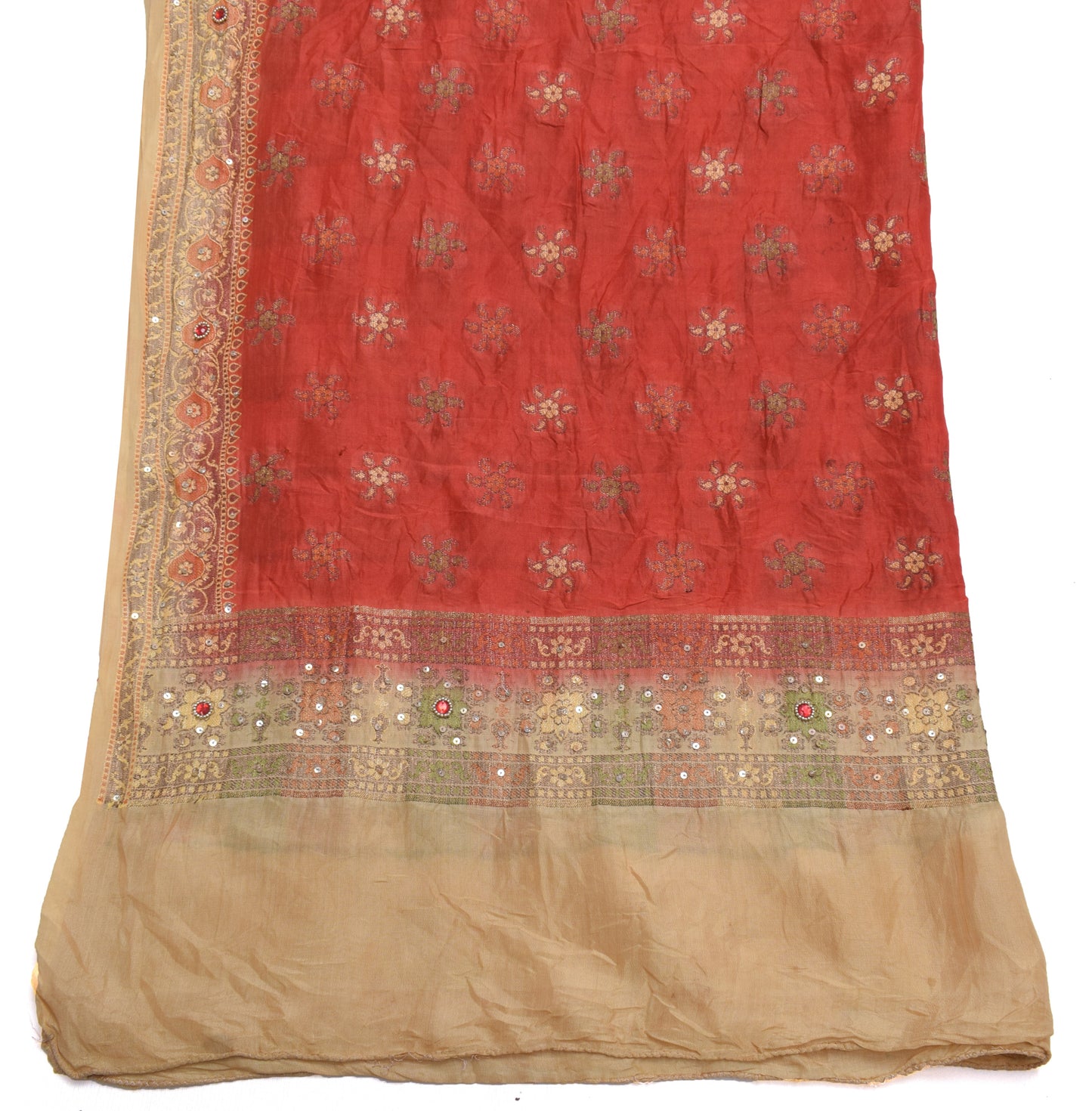 Sushila Vintage Red Dupatta 100% Pure Silk Hand Beaded Long Stole Veil Hijab