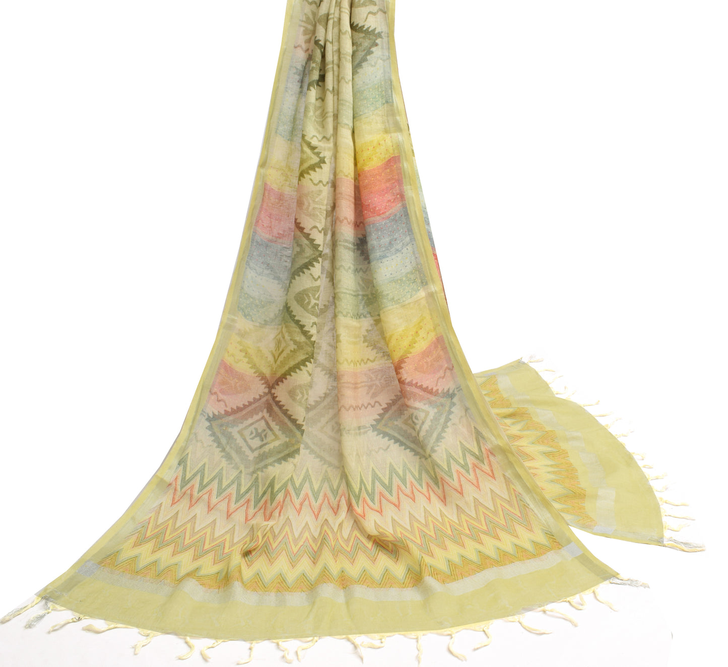 Sushila Vintage Light Yellow Dupatta 100% Pure Cotton Woven Long Stole Hijab